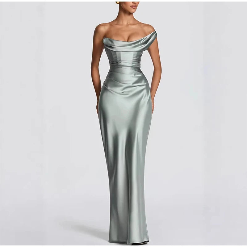 One Shoulder Satin Women 's Maxi Dress Cowl Neck Ruched Waist Bodycon Dresses 2026 Summer Woman Formal Evening Party Vestidos
