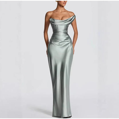 One Shoulder Satin Women 's Maxi Dress Cowl Neck Ruched Waist Bodycon Dresses 2026 Summer Woman Formal Evening Party Vestidos