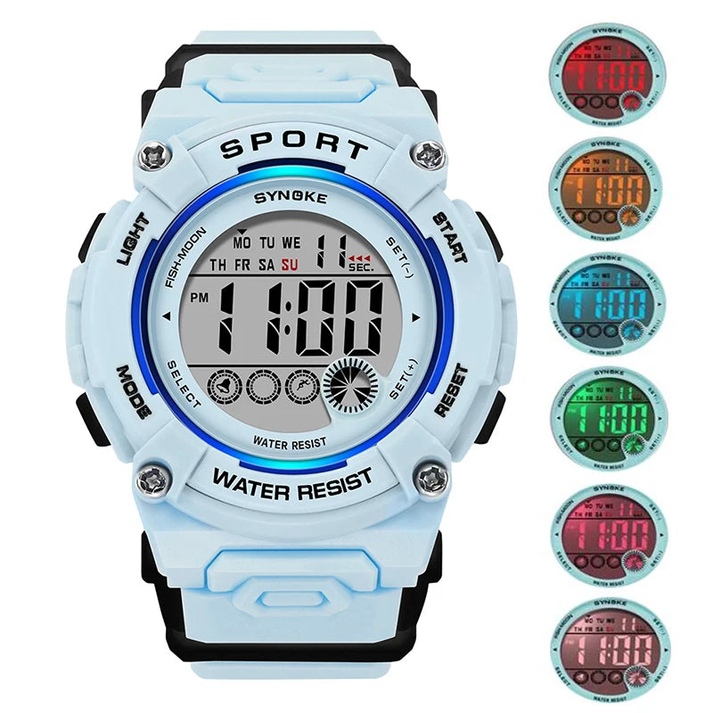 Synoke Shockproof Digital Sport's Watches Fashion PU Strap 50M Waterproof Colorful Light Led Chronograph Women's Wristwatch