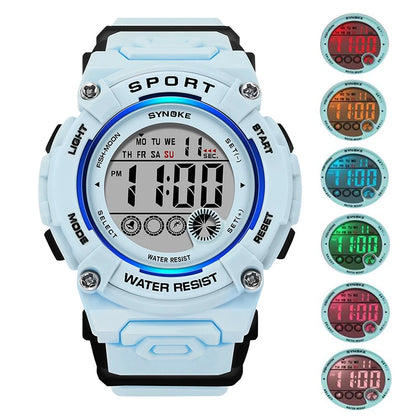 Synoke Shockproof Digital Sport's Watches Fashion PU Strap 50M Waterproof Colorful Light Led Chronograph Women's Wristwatch