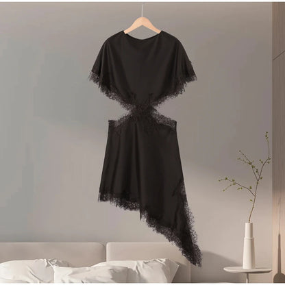 Sexy Lace Patchwork Waist Revealing Dress Women Fashion O-neck Short Sleeve High Waist Slim Dresses Female New Chic Casual Robe
