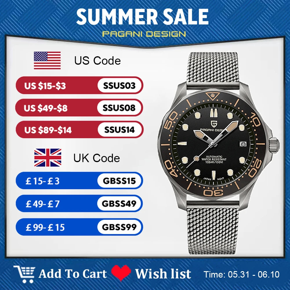 PAGANI DESIGN Men's Watches 2026 Luxury Mechanical Wristwatches Automatic Watch For Men AR Sapphire Ceramic Bezel Luminous Clock