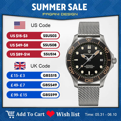 PAGANI DESIGN Men's Watches 2026 Luxury Mechanical Wristwatches Automatic Watch For Men AR Sapphire Ceramic Bezel Luminous Clock