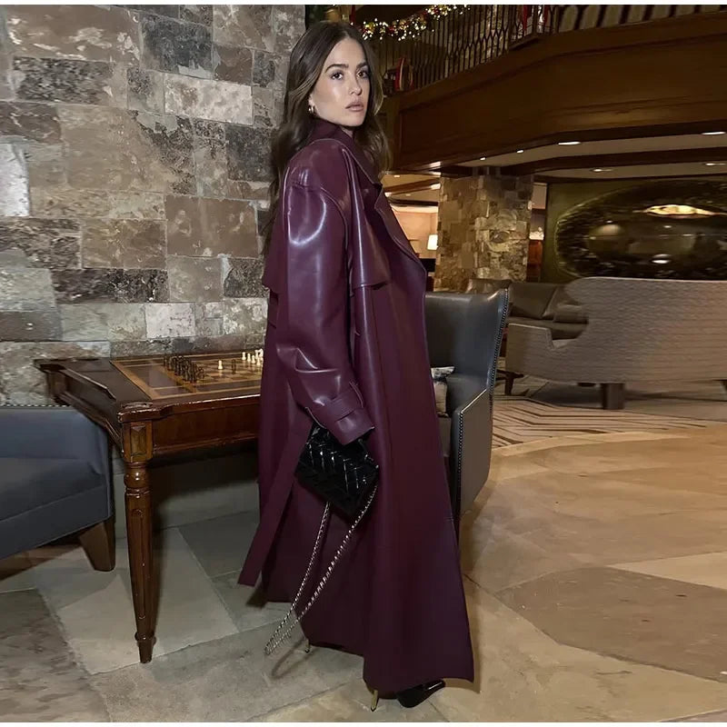 Street Pu Leather Women Long Coat Y2K Solid Belt Lapel Pocket Full Sleeve Female Jacket 2025 Autumn Winter Lady Outwear New