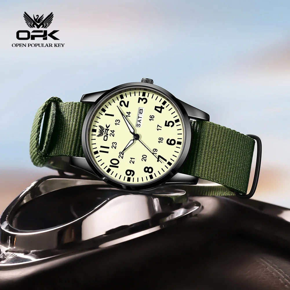 OPK 6090 Quartz Watches for Man Fashion Casual Nylon Webbing Watchband Dual Calendar Waterproof Luminous Men's Sports Watches