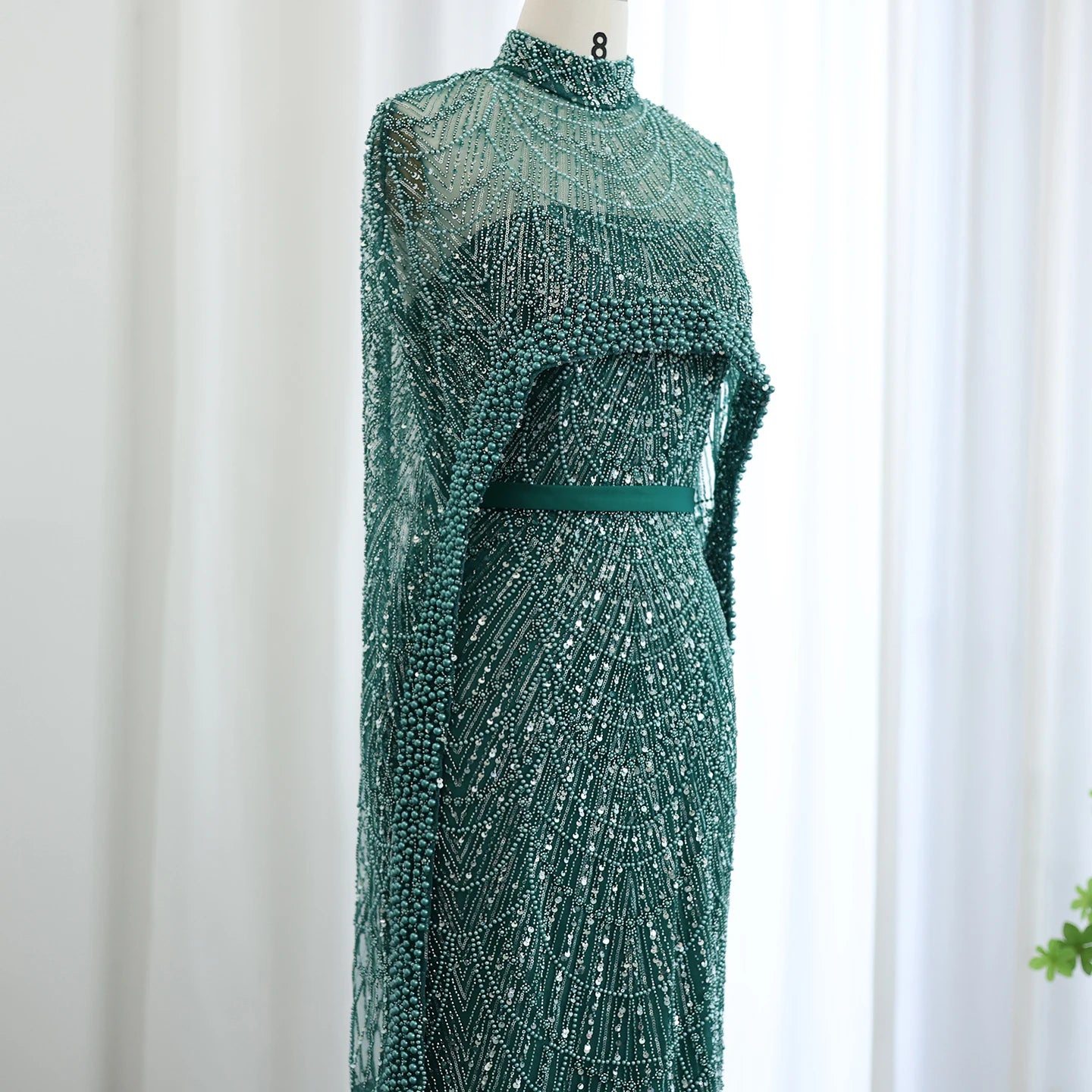 Sharon Said Luxury Pearls Dubai Champagne Evening Dresses with Cape New Arabic Women Mermaid Wedding Party Prom Dress SS369