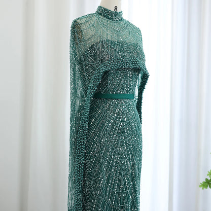 Sharon Said Luxury Pearls Dubai Champagne Evening Dresses with Cape New Arabic Women Mermaid Wedding Party Prom Dress SS369