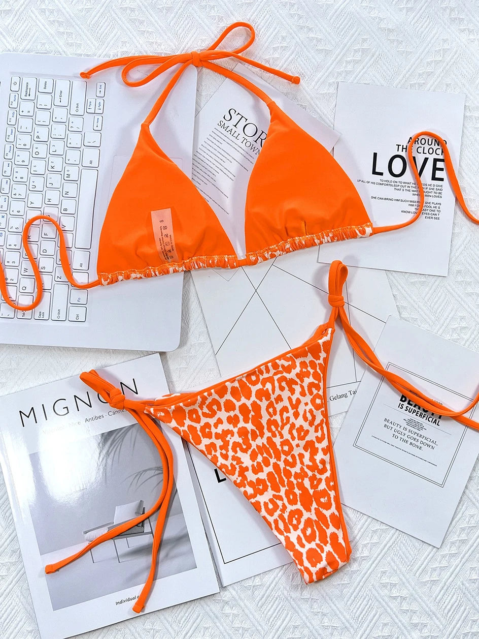 Sexy Leopard Micro Bikini 2025 Women Swimsuit Female Swimwear Thong Bikinis Set Brazilian Halter Beach Wear Lace Up Bathing Suit