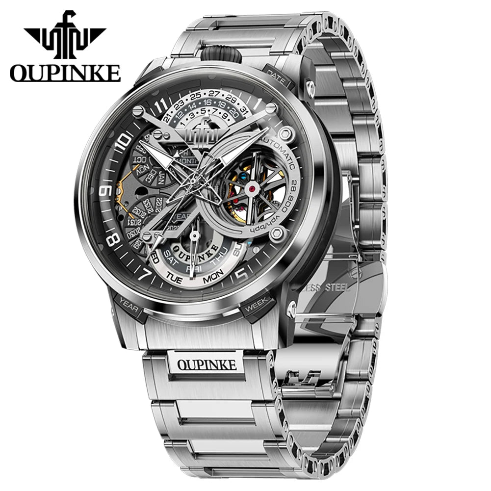 OUPINKE Black Steel Tourbillon Mens Wrist Watches Skeleton Automatic Mechanical Watch Fashion Wrist Watch Mens Sapphire
