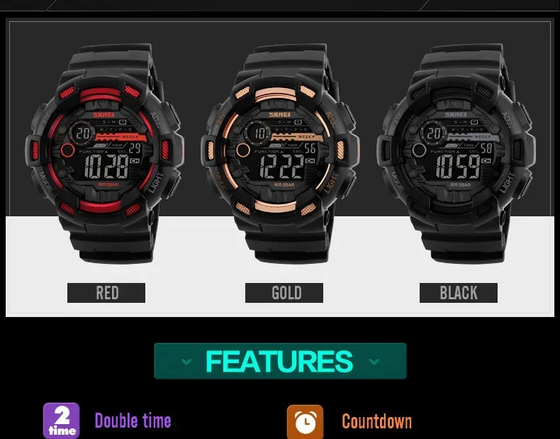 SKMEI 1243 Men Multifunction 5Bar Waterproof PU Strap LED Display Watches Chrono Digital Watch reloj hombre Outdoor Sport Watch