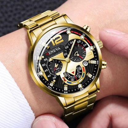 4PCS Men Business Watches Fashion Steel Band Analog Male's Quartz Watch Jewelry Set Relogio Masculino Clock Gift（Without Box）