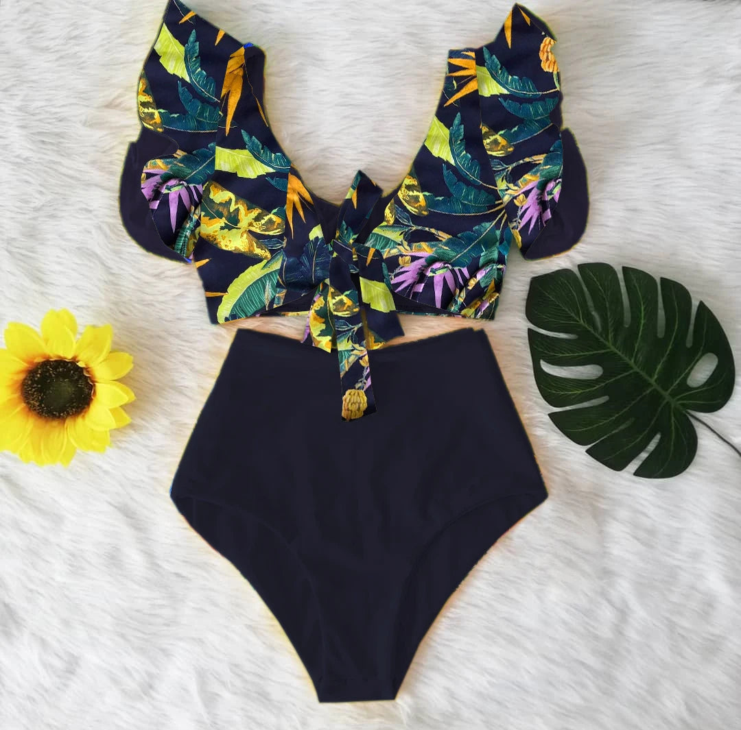 High Waist Ruffled Sexy Bikini Set 2025 Flounce Biquini Swimwear Women Two Pieces Swimsuit Floral Beachwear V-Neck Bathing Suit