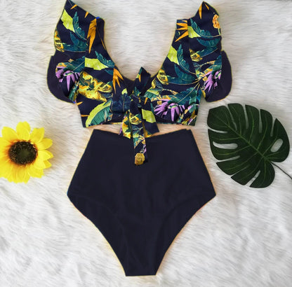 High Waist Ruffled Sexy Bikini Set 2025 Flounce Biquini Swimwear Women Two Pieces Swimsuit Floral Beachwear V-Neck Bathing Suit