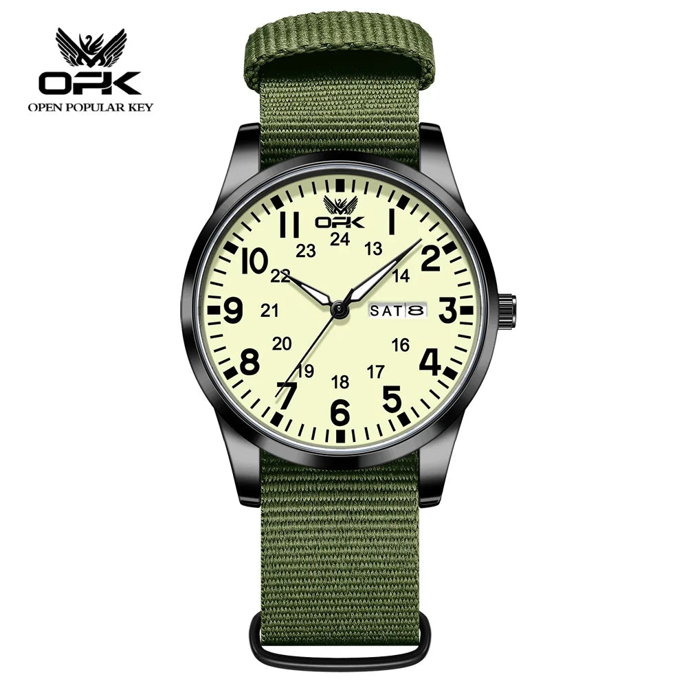 OPK 6090 Quartz Watches for Man Fashion Casual Nylon Webbing Watchband Dual Calendar Waterproof Luminous Men's Sports Watches