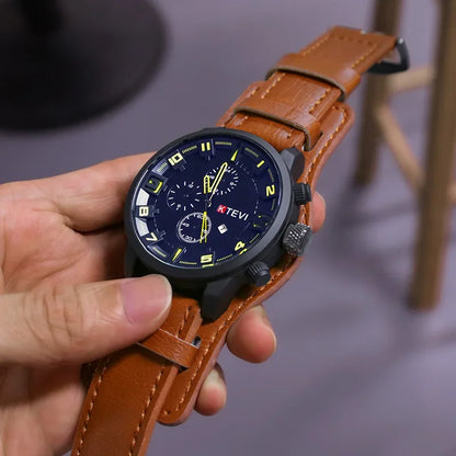 Retro Men's Watches High-end Luxury Man Watch PU Leather Strap Date Business Quartz Watch Big Dial Military tactical Wristwatch