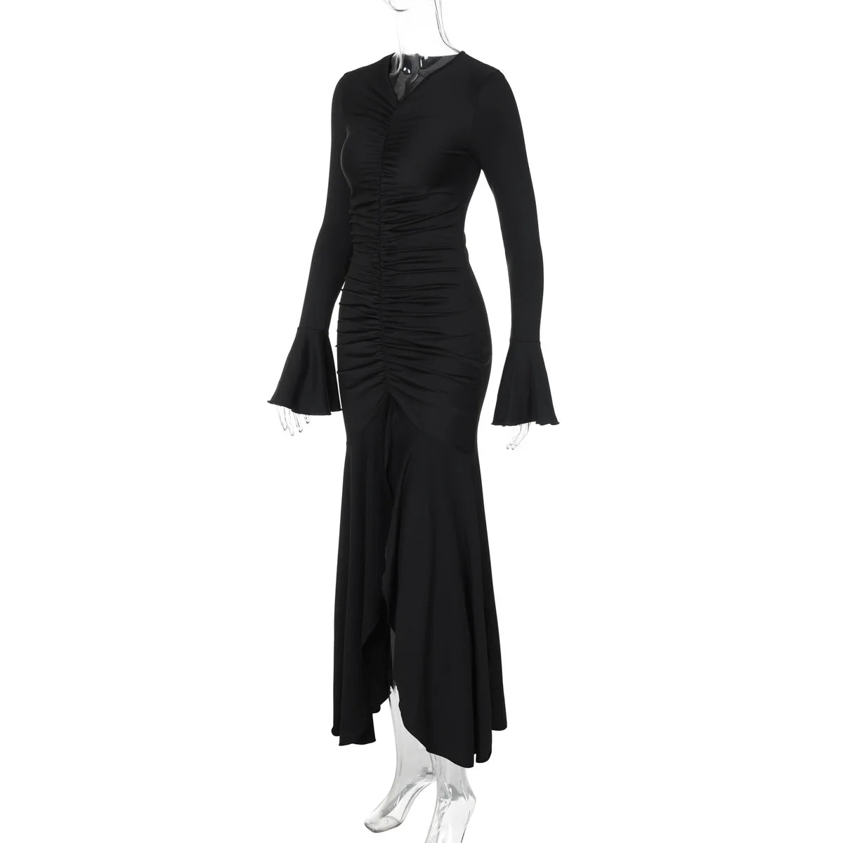Women Elegant Ruffle Hem White Long Dress Fashion Shirring V-neck Flare Long Sleeve Dresses 2024 New Evening Party Robes Vestido