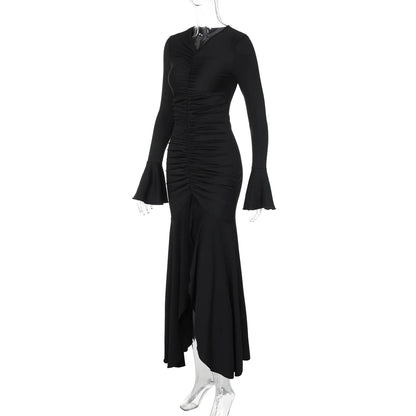 Women Elegant Ruffle Hem White Long Dress Fashion Shirring V-neck Flare Long Sleeve Dresses 2024 New Evening Party Robes Vestido