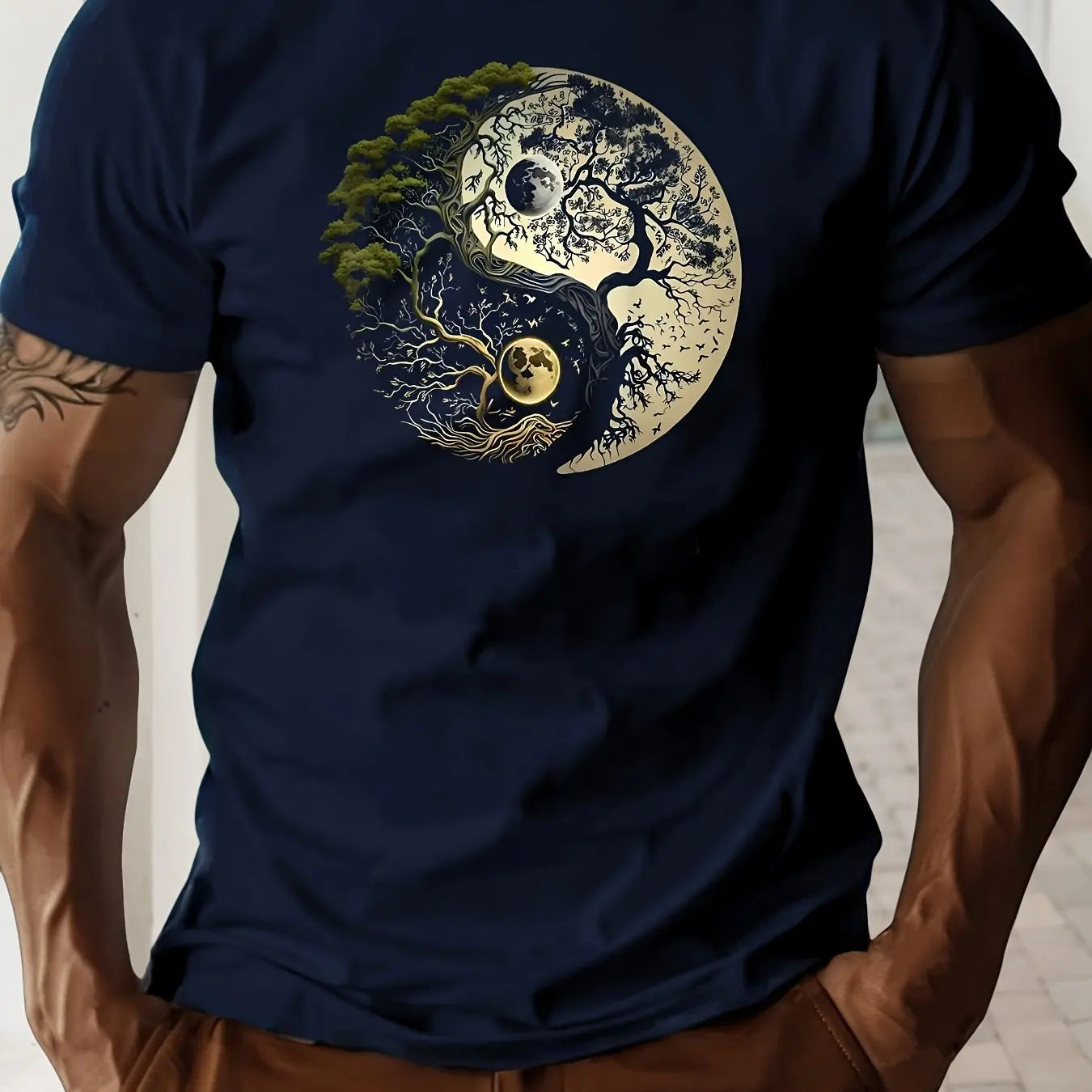 Men's summer 100% pure cotton fashionable casual loose sports yin-yang tree pattern print round neck short sleeved T-shirt top
