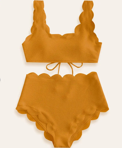 Solid Blue Two Pieces Swimsuit Bathing Suits Bikini Women Scalloped Textured High Waisted Bikini Set Lace Up Bathing Suits XXL