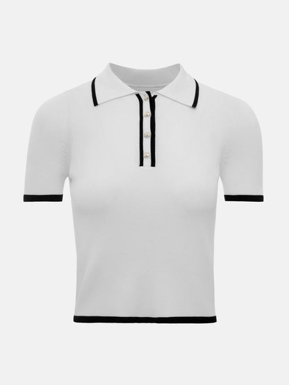 Tossy Knit Sweater Pullover Women Short Sleeve Patchwork Slim Lapel Elegant Contrast Knitwear Top Female Skinny Ribbed Pullover