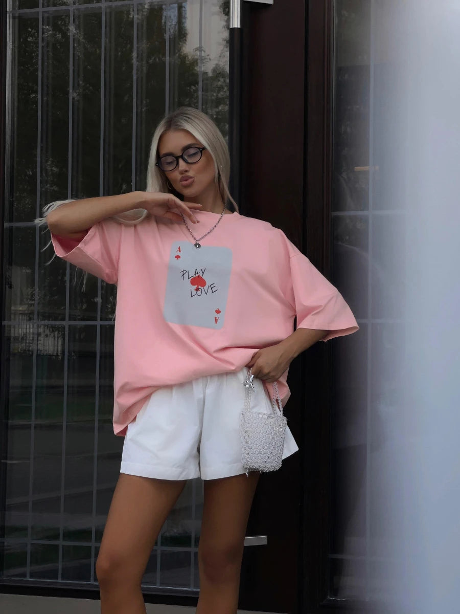 Bornladies 100% Cotton Poker Card Printed T-Shirt Women's Fashionable O-Neck Loose Short Sleeved Female Summer New Casual Top