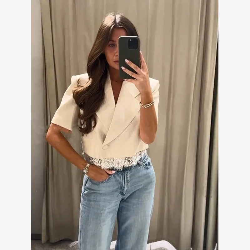 Solid Lapel Lace Patchwork Half Sleeve Shorts Set Women Chic Single Breasted Tops Pockets Pants Suits 2026 Daily Street Outfits