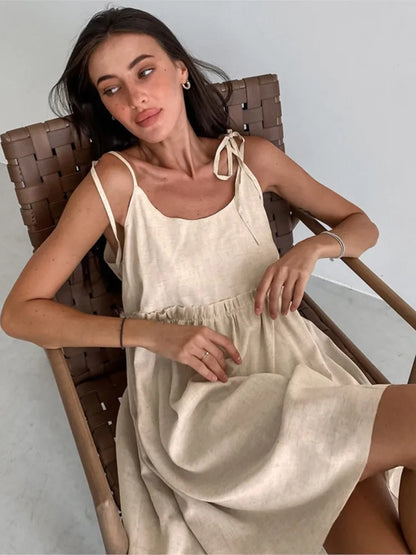 Solid Color Leace-up Spaghetti Strap Dresses Women Fashion Folds A-line Mini Dress Temperament Lady Commuting Short Vestidos New