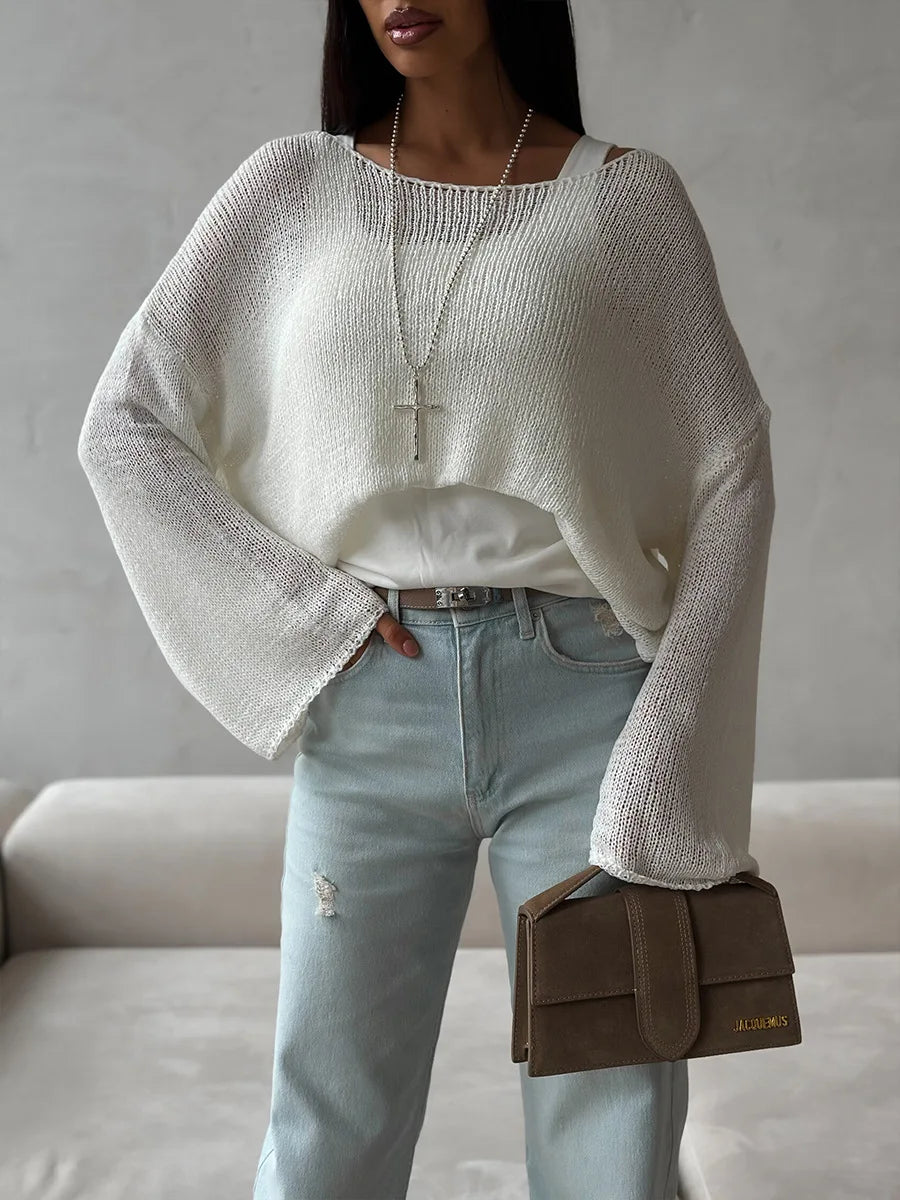 Bornladies Simple Solid Color Long Sleeved Sweater Women's Spring Knitted Hollow Top Loose Versatile Casual Sweater Pullovers