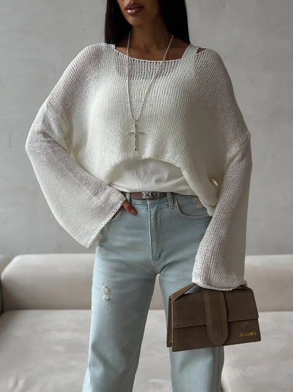Bornladies Simple Solid Color Long Sleeved Sweater Women's Spring Knitted Hollow Top Loose Versatile Casual Sweater Pullovers
