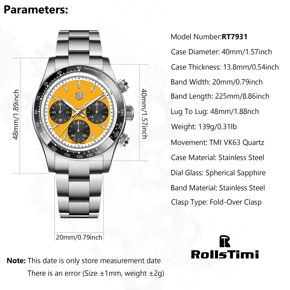 2026RollsTimi Luxury Quartz Watches men's Vk63Movt sports Chronograph men's fashion sapphire all-steel diving watch reloj hombre