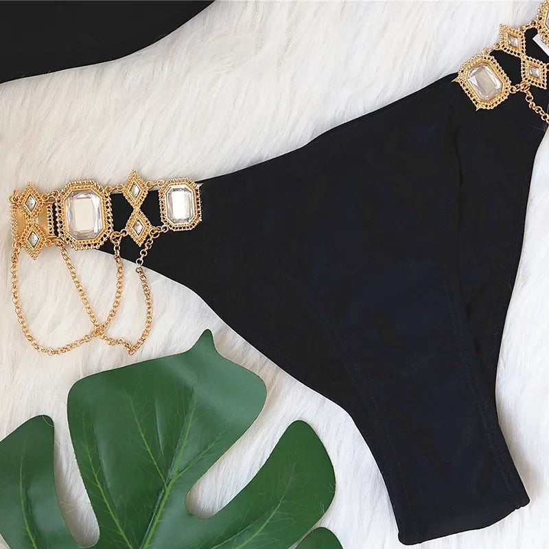 2026 Shiny Rhinestone Diamond Bikini Women Swimsuit Female Swimwear Two Pieces Bikini Set Halter Metal Chains Bathing Suit Swim