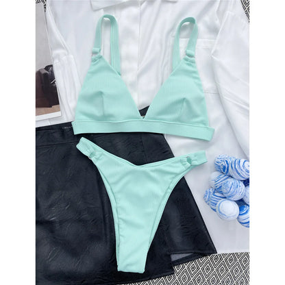 Sexy High Leg Cut Ribbed Bikini Women Swimwear Female Swimsuit Two-pieces Bikini set Padded Bather Bathing Suit Swim Lady V3255