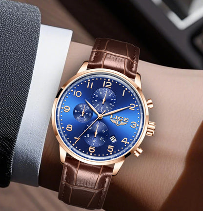 LIGE Casual Sports Watches For Men Fashion Business Leather Waterproof Quartz Men Watch Top Brand Luxury Military Chronograph