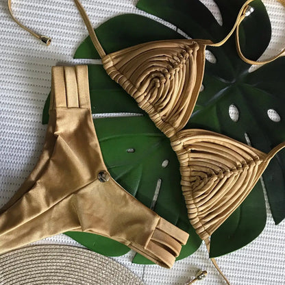 2025 New Bandage Stripes Brazilian Bikini Swimwear Women's Swimsuit Two Piece Set Female Sexy Lace up Mujer Beachwear Summer