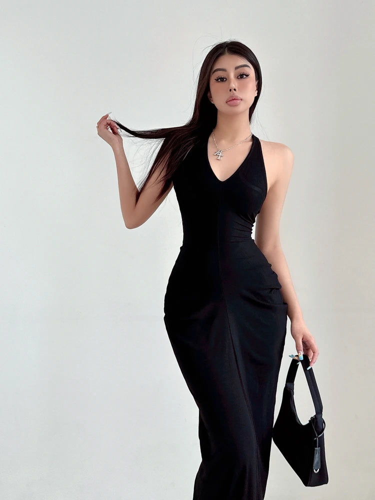 Racerback Tank Top Dresses Chest Large Waist Fold Black Sexy Dress Elegant For Women Fashion Sexy Women Robe 2024 New 4BMV