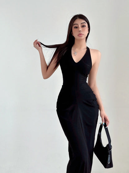 Racerback Tank Top Dresses Chest Large Waist Fold Black Sexy Dress Elegant For Women Fashion Sexy Women Robe 2024 New 4BMV