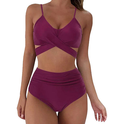 Hot 12 Colors Women Slim Bikini Sets High Waisted Sexy Swimwear 2 Pieces 2025 Solid/Floral Ruched Brazilian Swimsuit Cross Front