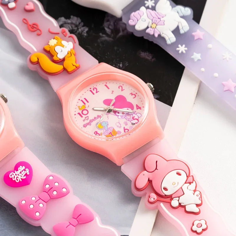 Sanrio 3D Pattern Children's Watch Cinnamoro Hello Kitty Waterproof Quartz Watch Kuromi Cartoon Silica Gel Watchband Kids