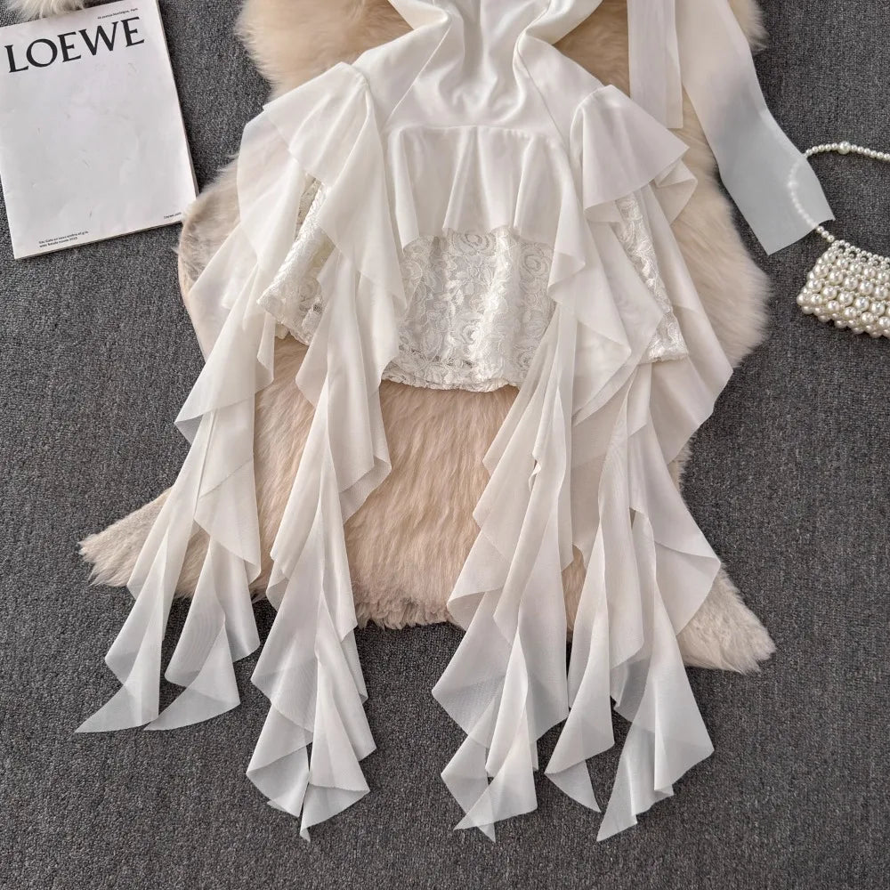 Foamlina French Style White Strapless Dress Women Summer Lace Irregular Flanged Ribbon Design Girl's Holiday Shopping Dresses