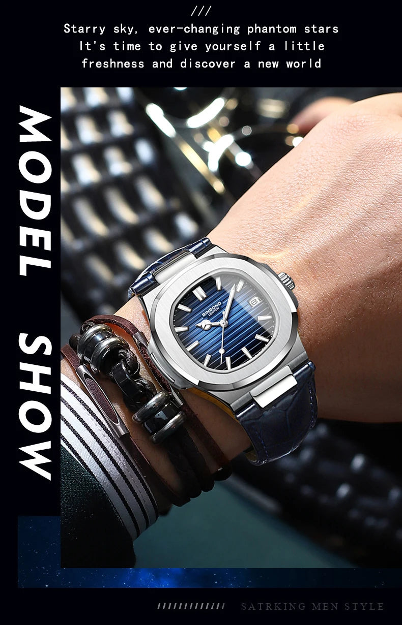 BINBOND precise quartz wristwatches for men luxury luminous waterproof auto date leather strap durabble men's watch casual reloj