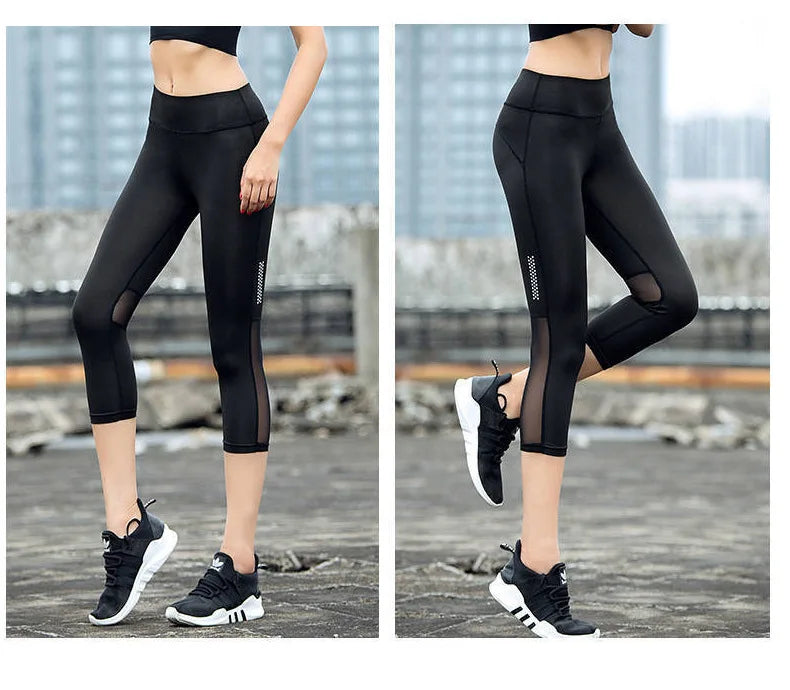 High Waist Mesh Sports Leggings Women Yoga Pants Quick Drying Capris Crop Fitness Tight Breathable Pant Running Gym Trousers