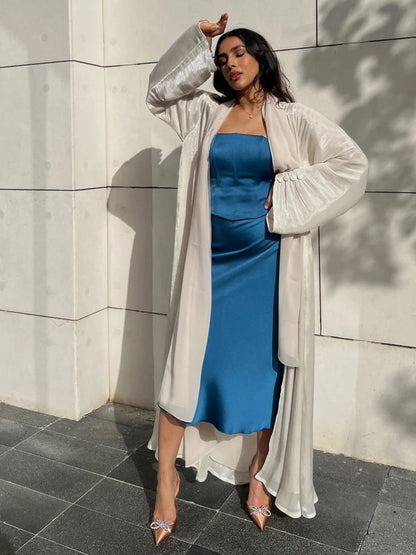 Eid Silky Abayas for Women Muslim Jalabiya Ramadan Robe Dress Button Sleeve Ramadan Caftan Party Dresses Vestido Largo Cardigan