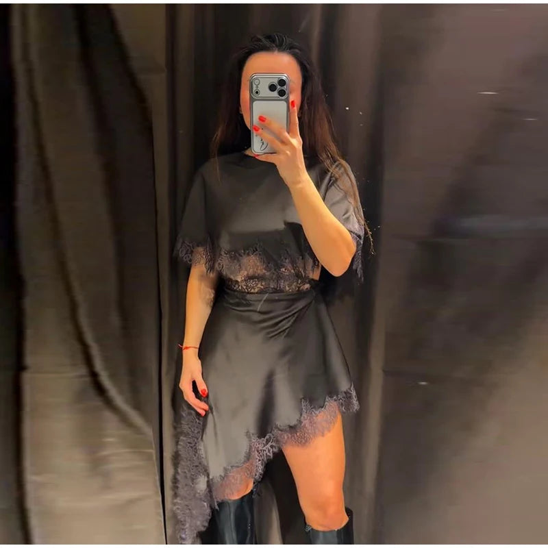 Sexy Lace Patchwork Waist Revealing Dress Women Fashion O-neck Short Sleeve High Waist Slim Dresses Female New Chic Casual Robe