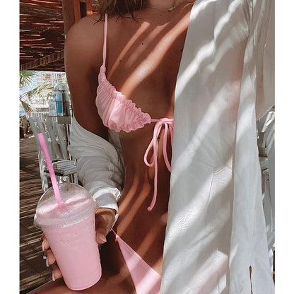 BIQIUYYI Brazilian Sexy Micro Mini Thong Bikini Set Summer Bandage Swimsuit Women Pleated Bathing Suit Beachwear Halter Biqiuni