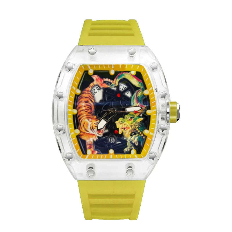 Fashion Tonneau Plastic Case Quartz Watch Men Dragon and Tiger Engraved Dial Luxury Waterproof Sport Watches Men Steel Men Watch