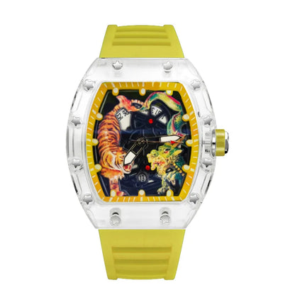 Fashion Tonneau Plastic Case Quartz Watch Men Dragon and Tiger Engraved Dial Luxury Waterproof Sport Watches Men Steel Men Watch