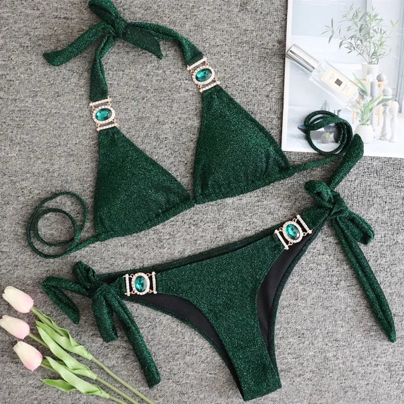 2026 Shiny Rhinestone Diamond Bikini Women Swimsuit Female Swimwear Two Pieces Bikini Set Halter Metal Chains Bathing Suit Swim