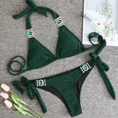 2026 Shiny Rhinestone Diamond Bikini Women Swimsuit Female Swimwear Two Pieces Bikini Set Halter Metal Chains Bathing Suit Swim