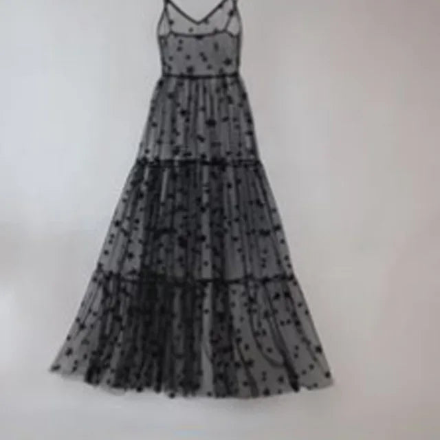 Women Spaghetti Straps Tulle See Through Long Dresses Cover Sexy See Through Baggy Ladies Stars Beach Bling Bling Long Dress