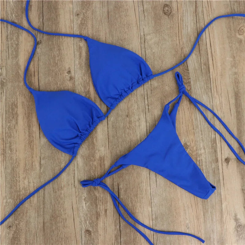 2025 Sexy Halter Solid color Bikini Set Women's Swimsuit Two-piece Triangle Thong Swimwear Bathing Suit for Beach Biquinis